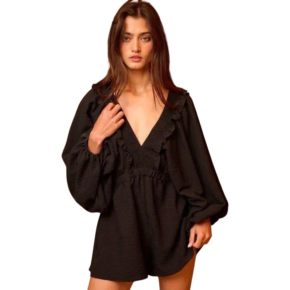 Bucketlist Black Metallic Shimmer Balloon Sleeve‎ Romper Womens Large